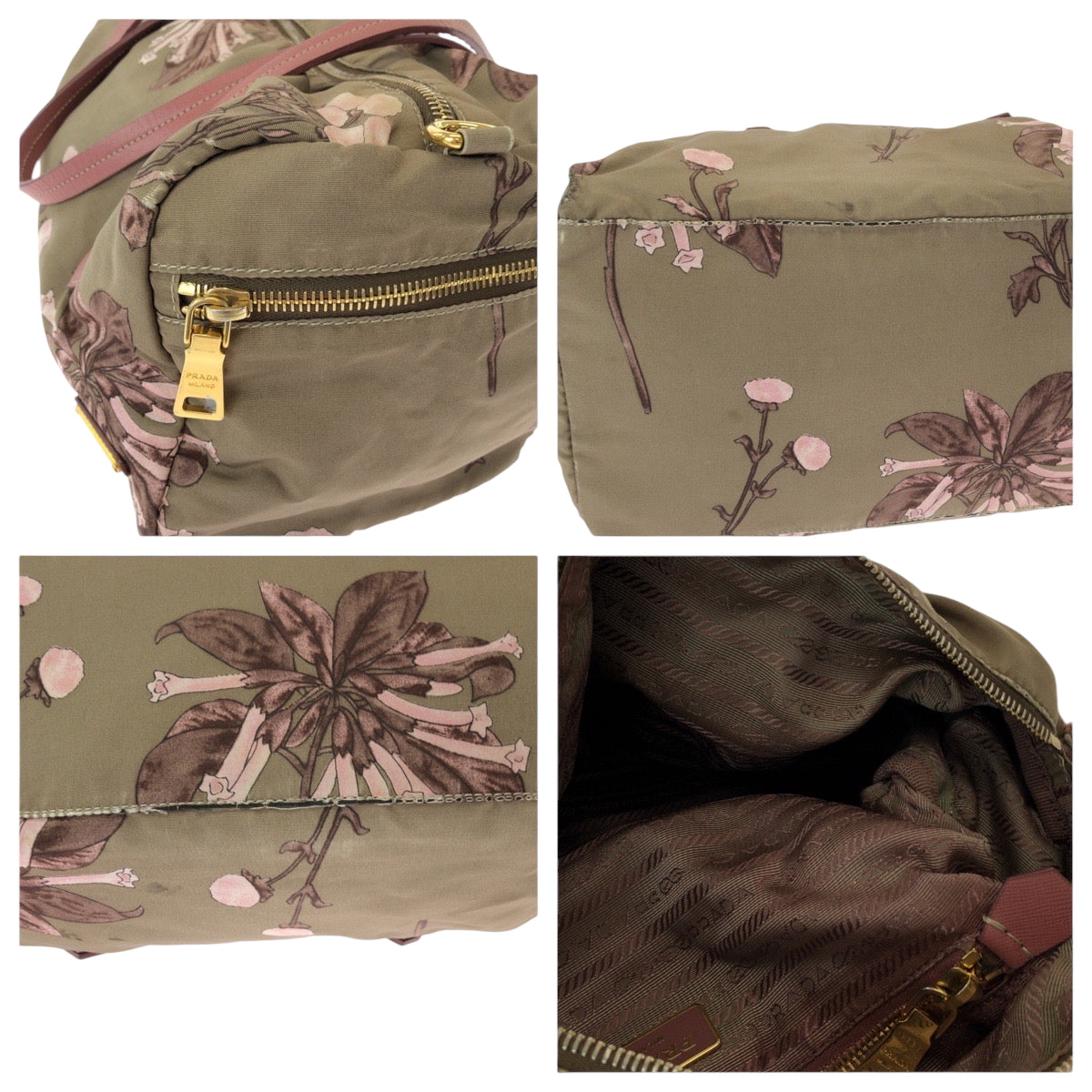 15148
PRADA プラダ テスート 花柄 三角ロゴプレート ベージュ ピンク ゴールド金具 ナイロン ハンドバッグ ショルダーバッグ ミニボストンバッグ  レディース