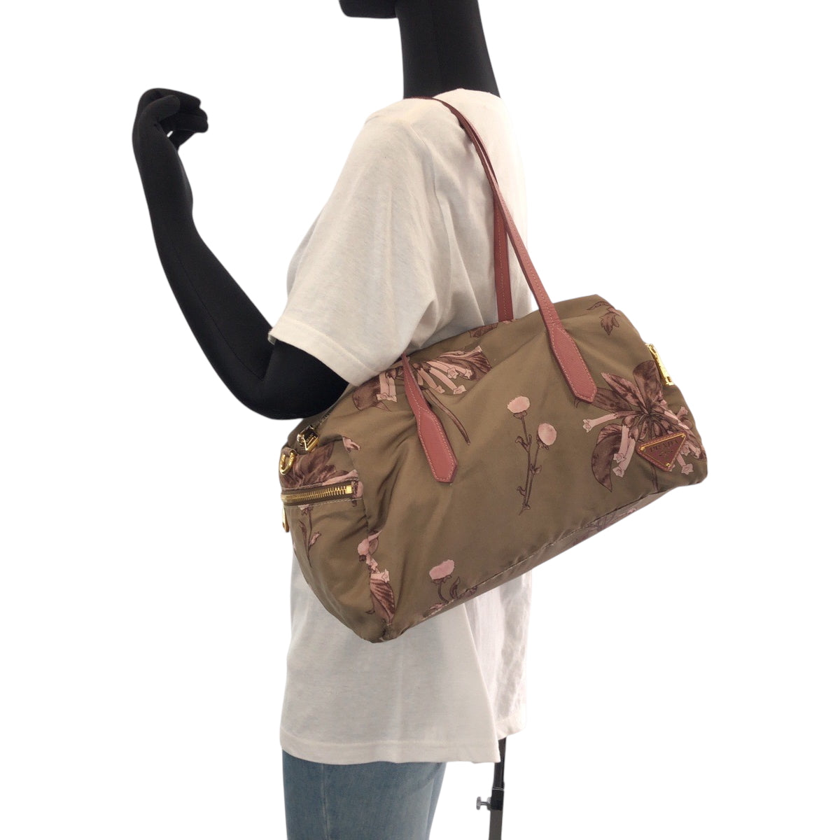 15148
PRADA プラダ テスート 花柄 三角ロゴプレート ベージュ ピンク ゴールド金具 ナイロン ハンドバッグ ショルダーバッグ ミニボストンバッグ  レディース