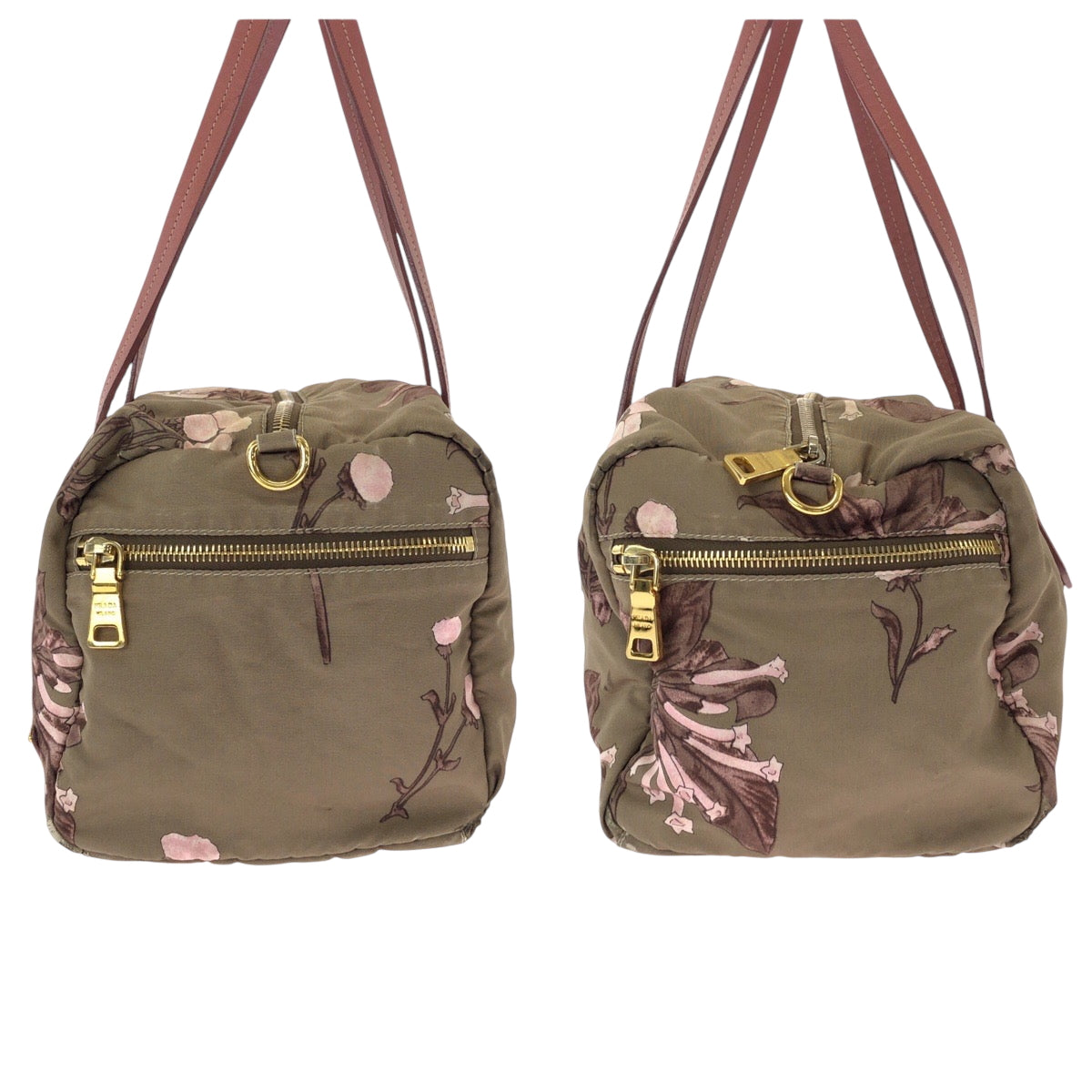 15148
PRADA プラダ テスート 花柄 三角ロゴプレート ベージュ ピンク ゴールド金具 ナイロン ハンドバッグ ショルダーバッグ ミニボストンバッグ  レディース