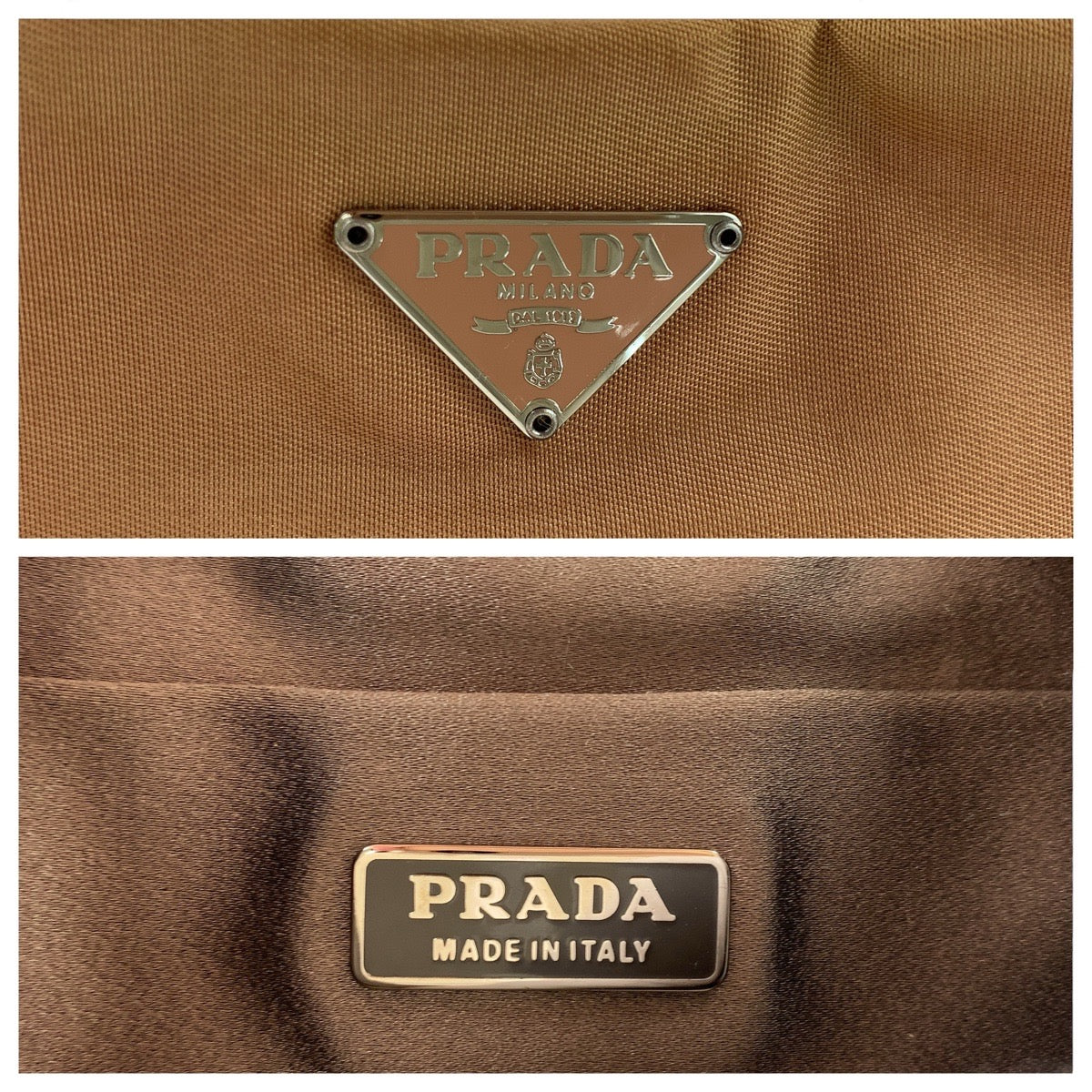 15149
PRADA プラダ テスート 三角ロゴプレート ブラウン ベージュ シルバー金具 ナイロン / エナメル ハンドバッグ アクセサリーポーチ  レディース