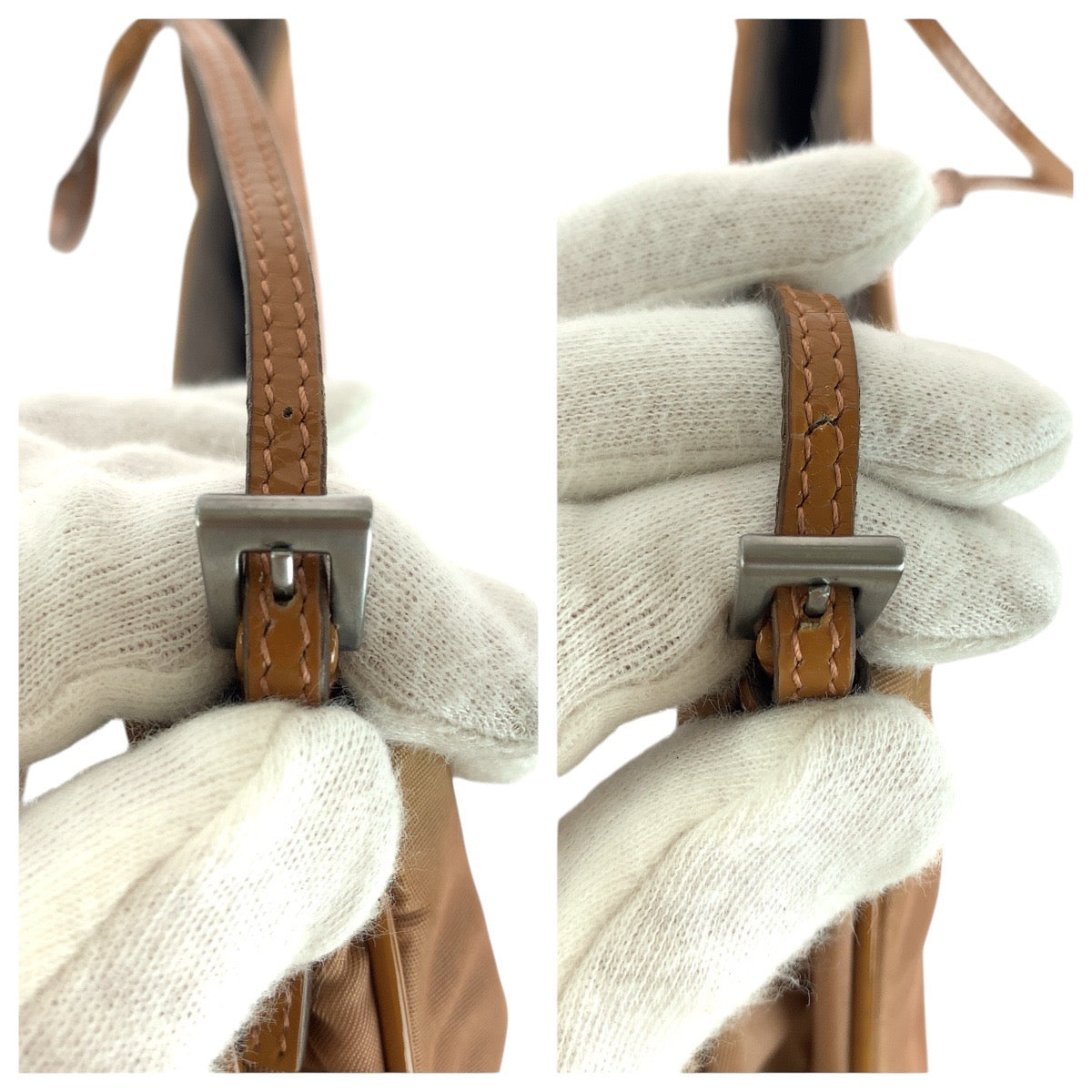 15149
PRADA プラダ テスート 三角ロゴプレート ブラウン ベージュ シルバー金具 ナイロン / エナメル ハンドバッグ アクセサリーポーチ  レディース
