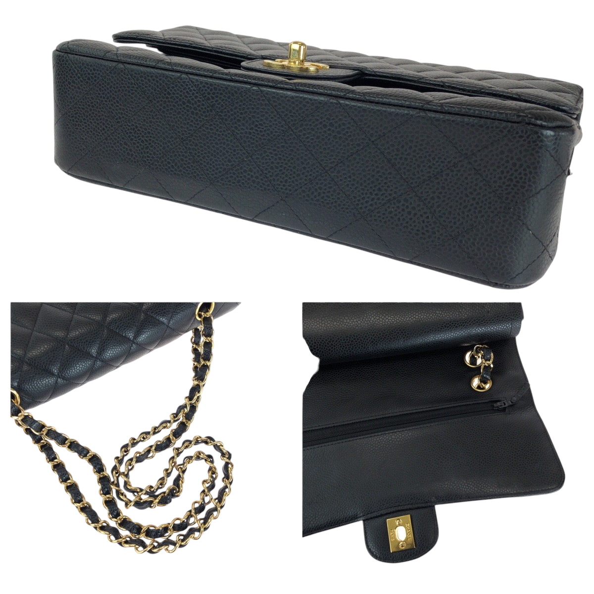 15152
CHANEL シャネル マトラッセ ダブルフラップ ココマーク ターンロック ブラック 黒 ゴールド金具 キャビアスキン チェーンショルダーバッグ レディース SA900