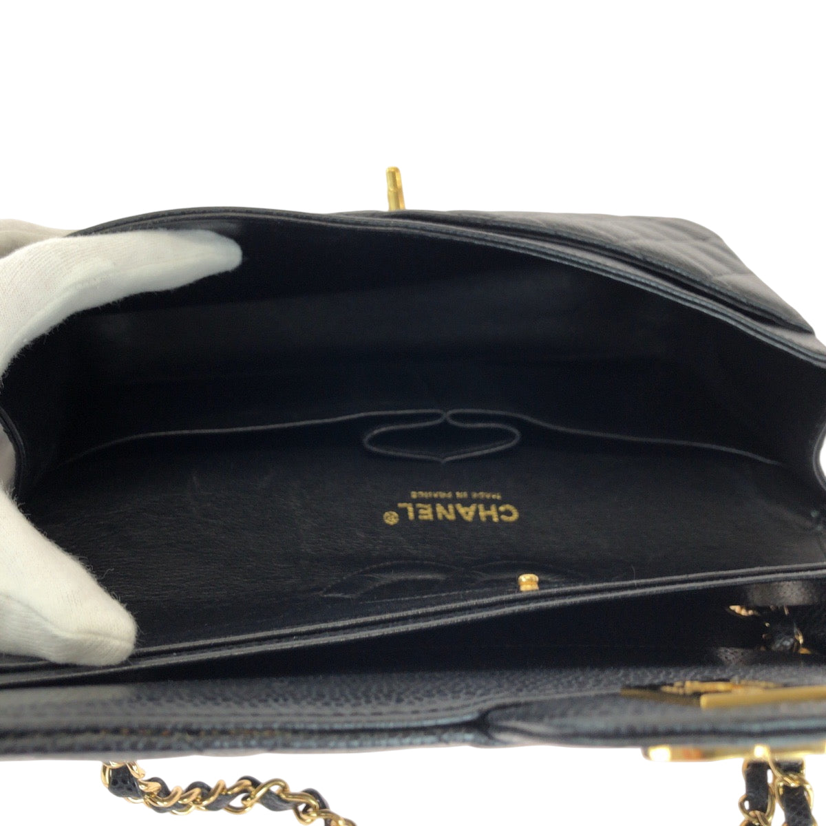 15152
CHANEL シャネル マトラッセ ダブルフラップ ココマーク ターンロック ブラック 黒 ゴールド金具 キャビアスキン チェーンショルダーバッグ レディース SA900