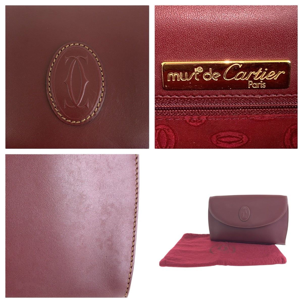 15160
CARTIER カルティエ ヴィンテージ マストライン ワインレッド ボルドー ゴールド金具 レザー ショルダーバッグ ポシェット  レディース