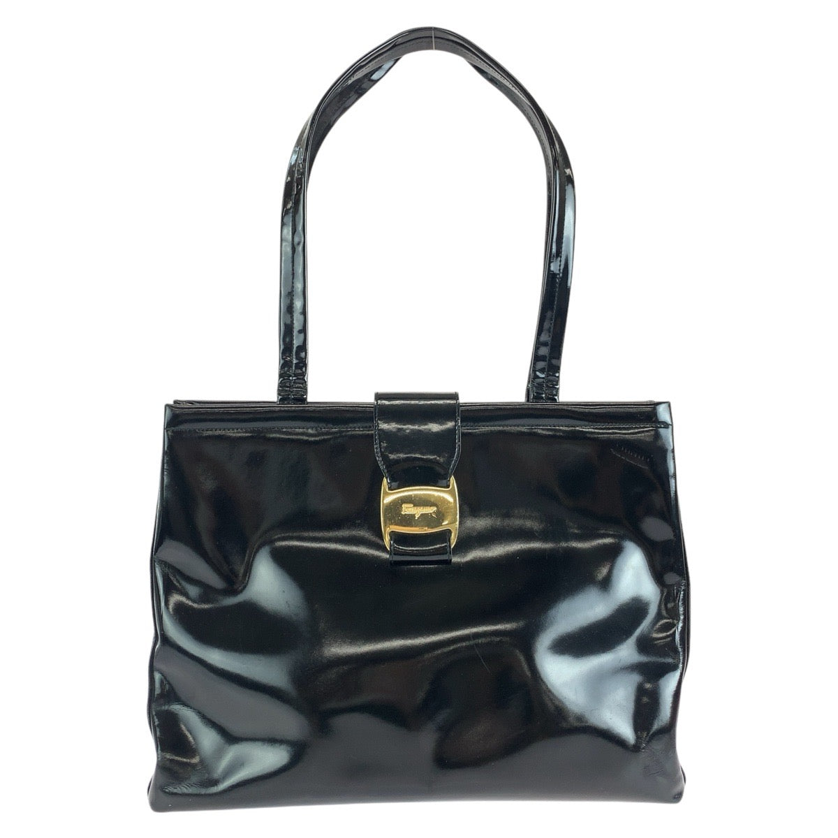 15168
Salvatore Ferragamo サルヴァトーレフェラガモ リボン ブラック 黒 ゴールド金具 エナメル トートバッグ ショルダーバッグ  レディース