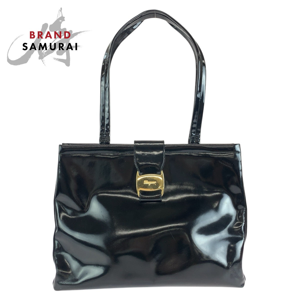18039
Salvatore Ferragamo サルヴァトーレフェラガモ リボン ブラック 黒 ゴールド金具 エナメル トートバッグ ショルダーバッグ  レディース AB17