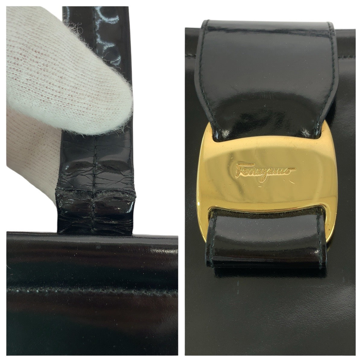 18039
Salvatore Ferragamo サルヴァトーレフェラガモ リボン ブラック 黒 ゴールド金具 エナメル トートバッグ ショルダーバッグ  レディース AB17