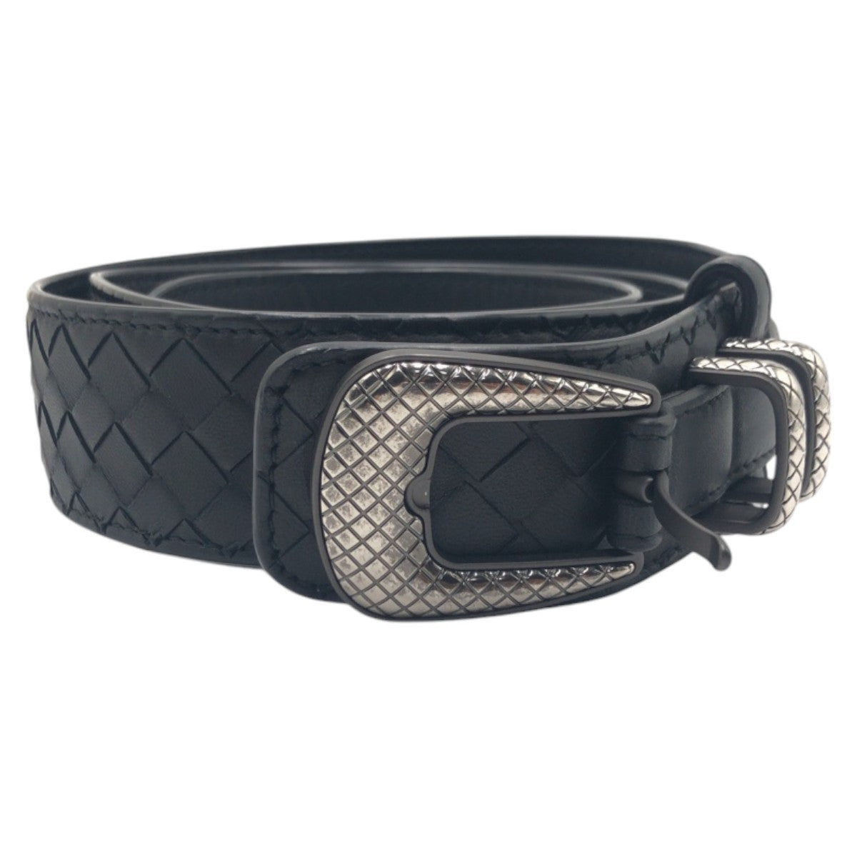 15181
BOTTEGAVENETA ボッテガヴェネタ イントレチャート ブラック 黒 シルバー レザー ベルト  メンズ A36