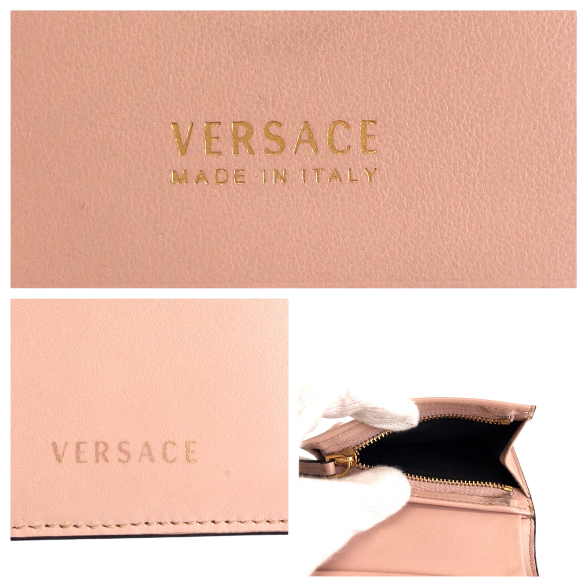 15187
VERSACE ヴェルサーチ ピンク ゴールド金具 レザー 折財布 コンパクトウォレット  レディース