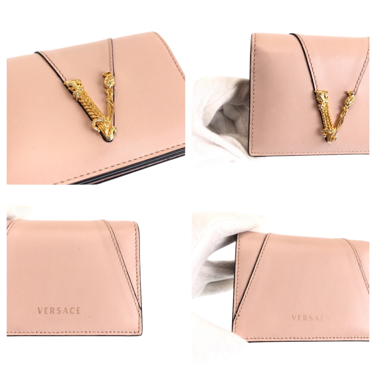 15187
VERSACE ヴェルサーチ ピンク ゴールド金具 レザー 折財布 コンパクトウォレット  レディース