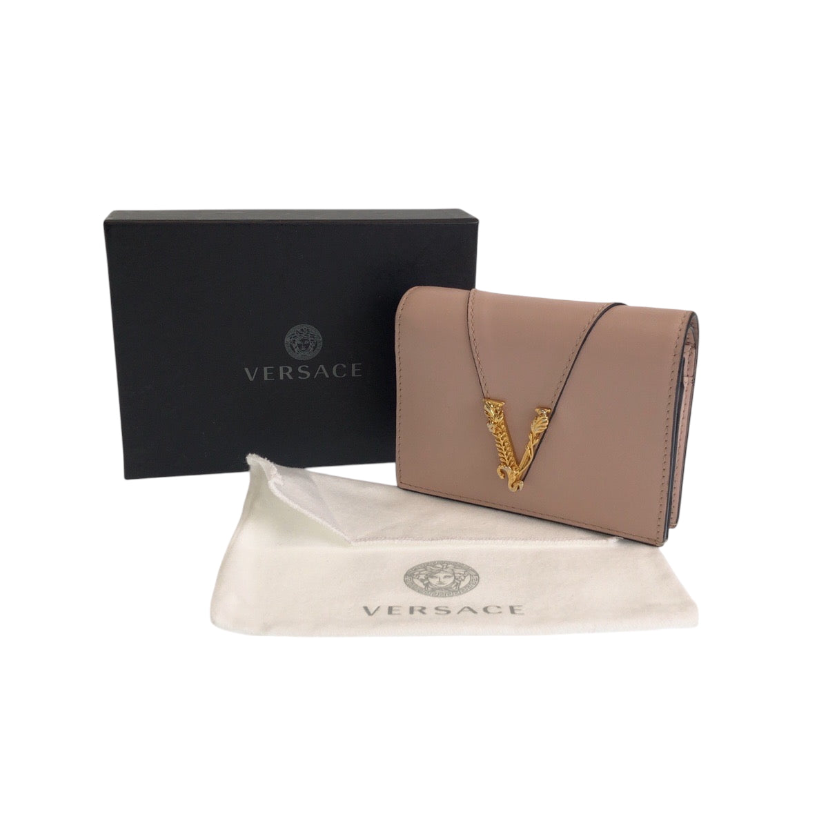 15187
VERSACE ヴェルサーチ ピンク ゴールド金具 レザー 折財布 コンパクトウォレット  レディース