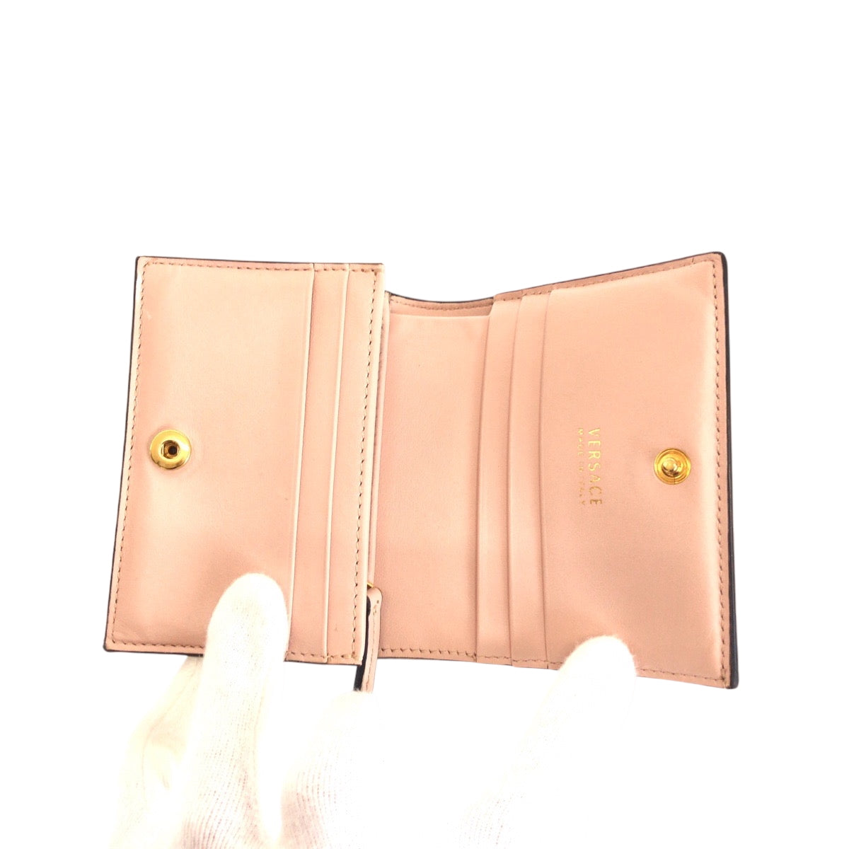 15187
VERSACE ヴェルサーチ ピンク ゴールド金具 レザー 折財布 コンパクトウォレット  レディース