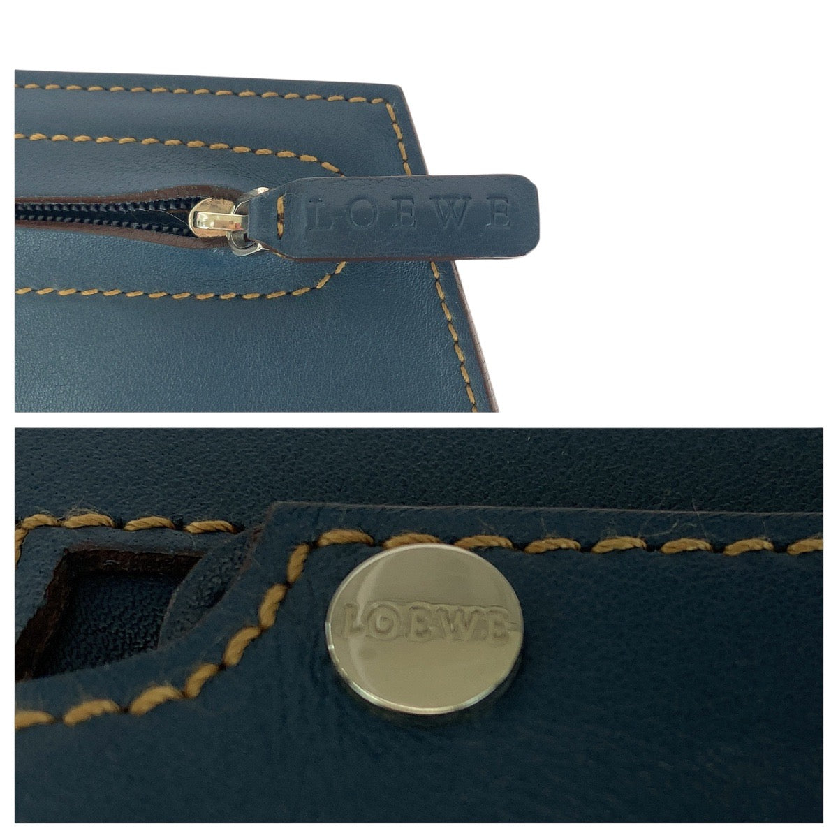 15190
LOEWE ロエベ 鏡付き ダークブルー シルバー金具 レザー ポーチ アクセサリーポーチ  レディース