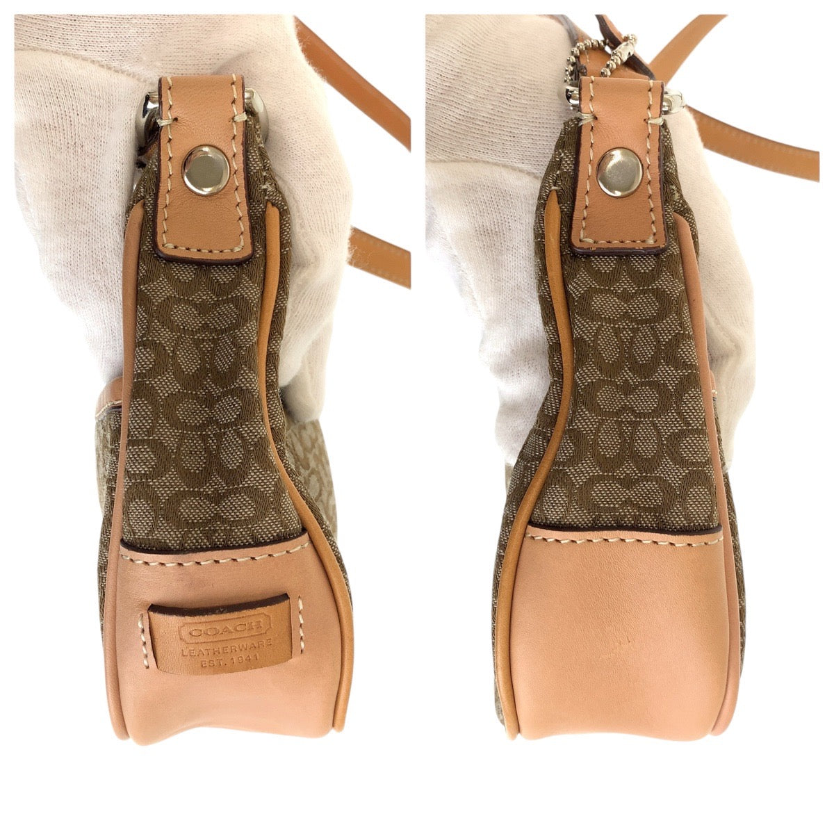 15199
COACH コーチ ミニシグネチャー ベージュ シルバー金具 キャンバス / レザー ショルダーバッグ ポシェット レディース AB5