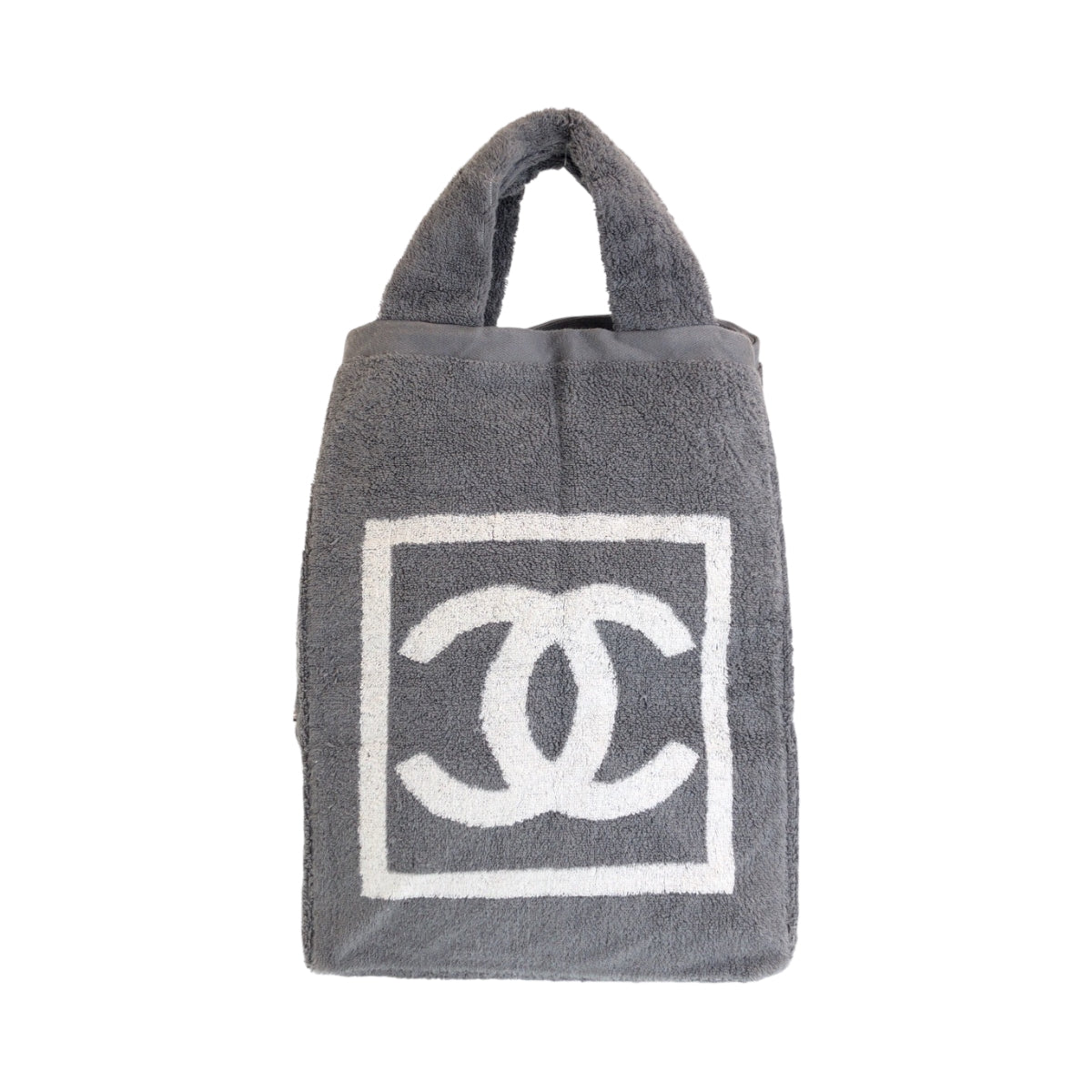 15206
CHANEL シャネル ココマーク グレー ホワイト シルバー金具 パイル トートバッグ ビーチバッグ  レディース