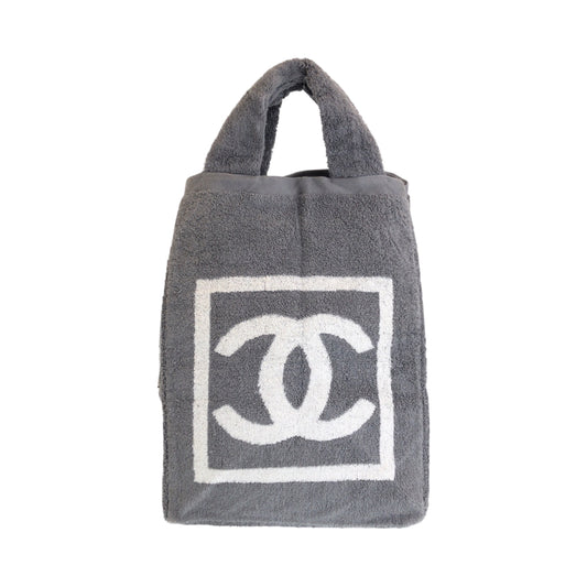 15206
CHANEL シャネル ココマーク グレー ホワイト シルバー金具 パイル トートバッグ ビーチバッグ  レディース