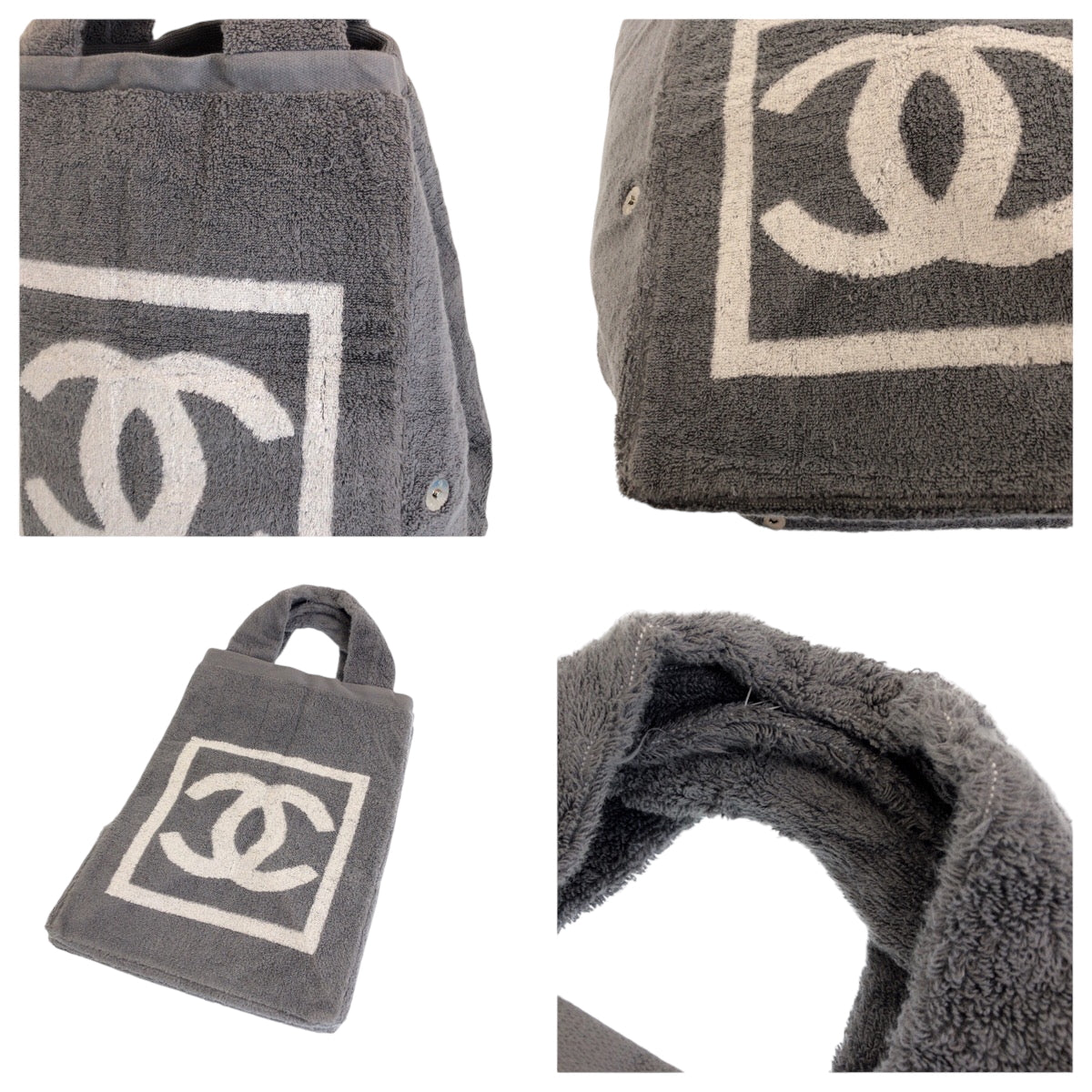 15206
CHANEL シャネル ココマーク グレー ホワイト シルバー金具 パイル トートバッグ ビーチバッグ  レディース