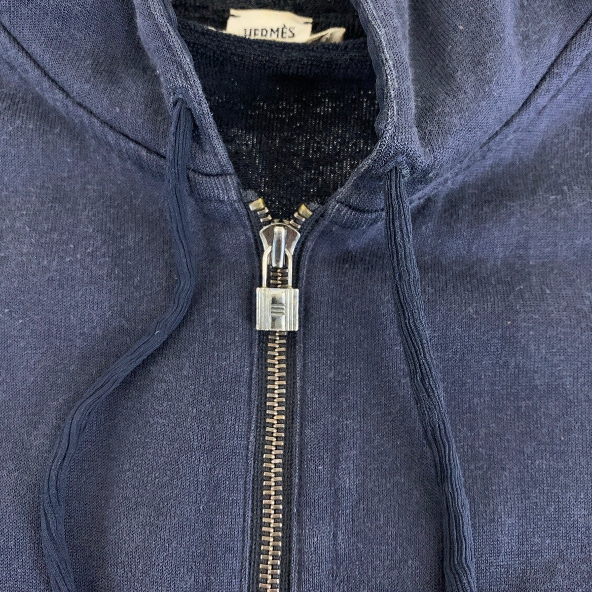 15210
 HERMES Size 38 Navy Silver Hardware Cotton/Silk Zip-up Hoodie Unisex Women's