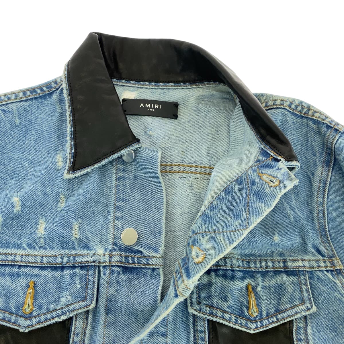 15215
AMIRI アミリ サイズL ブルー ブラック 黒 シルバー金具 デニム / レザー MOTRK LPL デニムジャケット バイカラー  メンズ