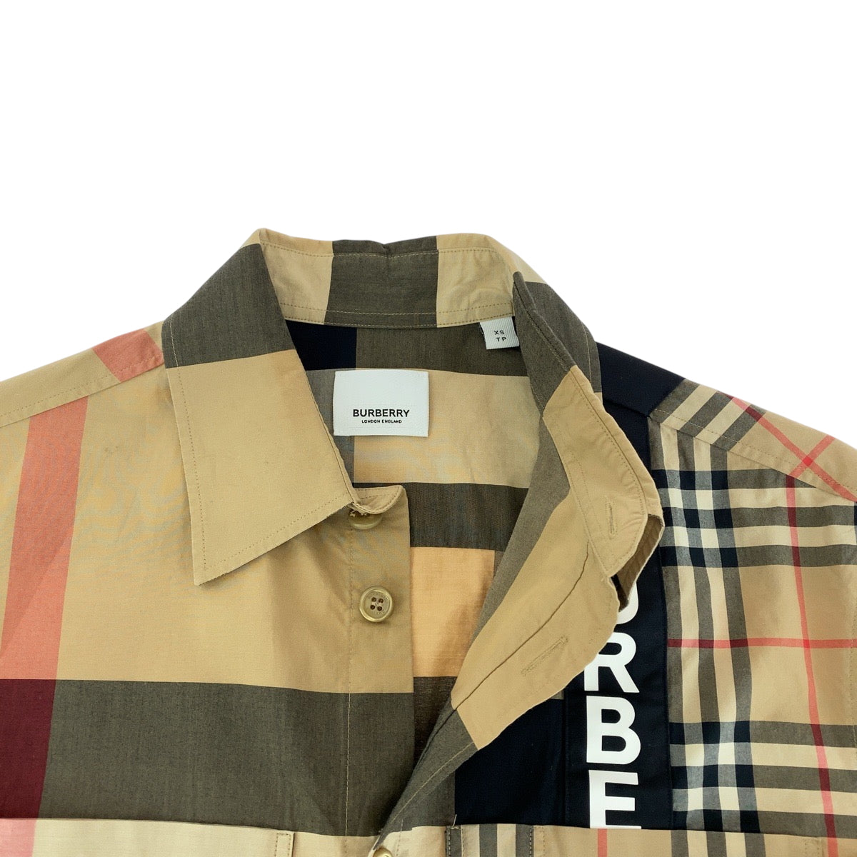 15218
BURBERRY バーバリー チェック柄 ロゴプリントパッチワーク サイズXS ブラウン マルチカラー コットン 長袖シャツ  メンズ