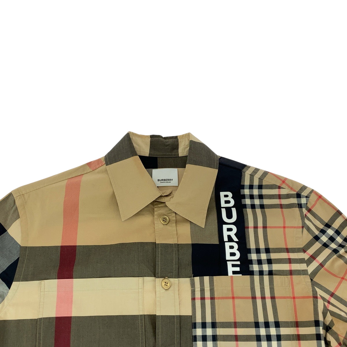 15218
BURBERRY バーバリー チェック柄 ロゴプリントパッチワーク サイズXS ブラウン マルチカラー コットン 長袖シャツ  メンズ
