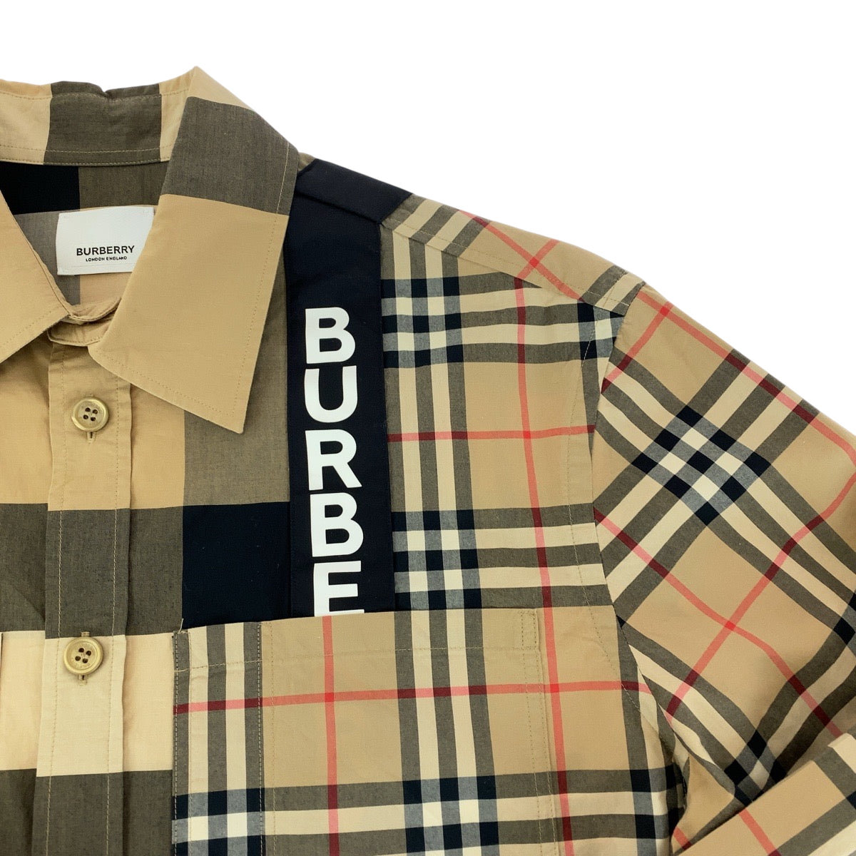 15218
BURBERRY バーバリー チェック柄 ロゴプリントパッチワーク サイズXS ブラウン マルチカラー コットン 長袖シャツ  メンズ