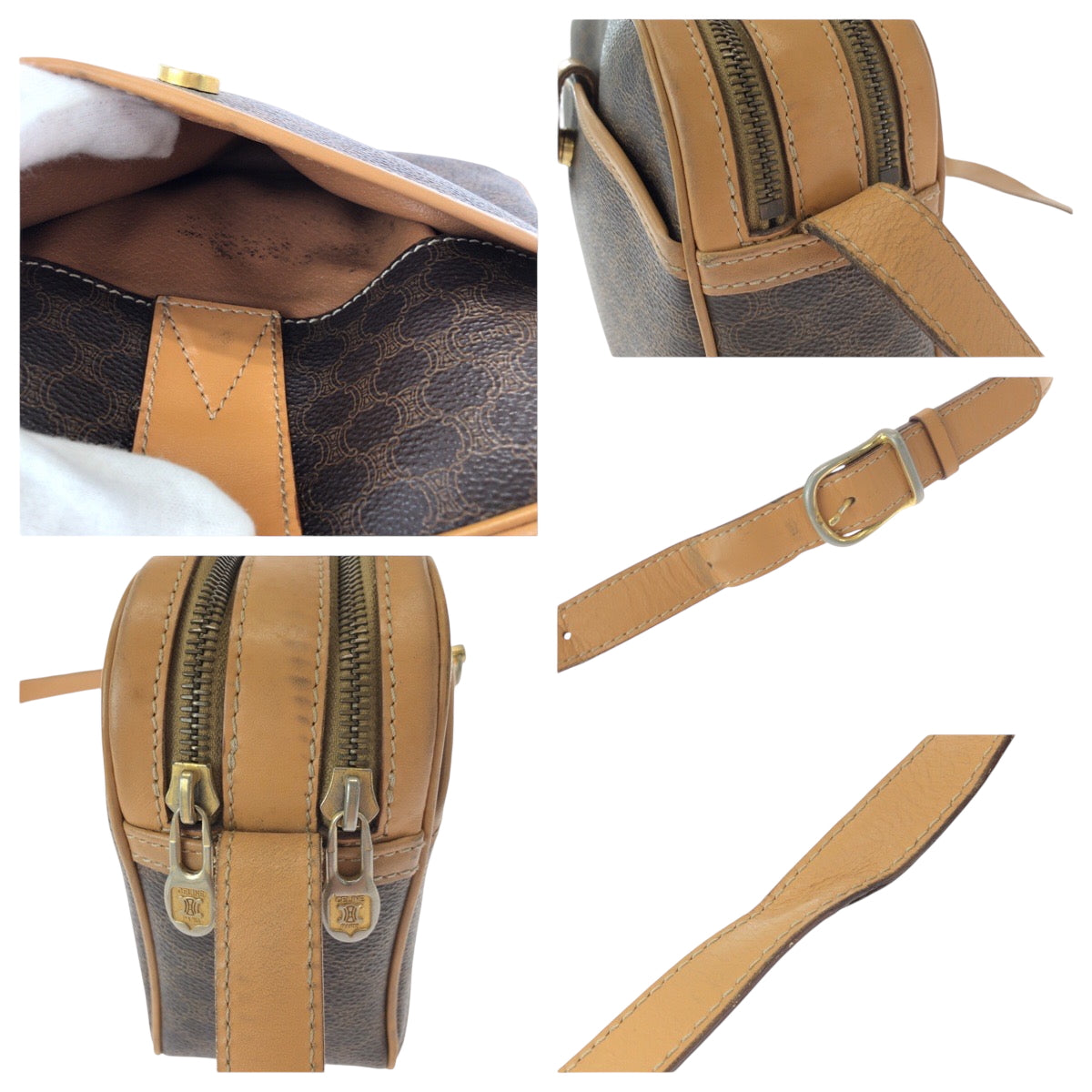 15242
CELINE セリーヌ ヴィンテージ マカダム柄 ブラウン ゴールド金具 PVC M13 ショルダーバッグ ポシェット  レディース ABP19