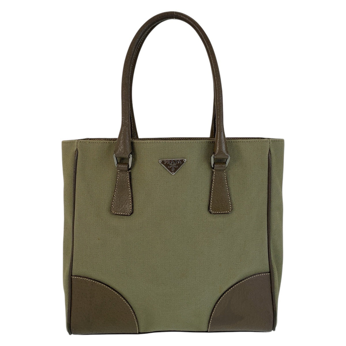 15244
PRADA プラダ 三角ロゴプレート カーキ ブラウン シルバー金具 キャンバス / レザー トートバッグ ショルダーバッグ  レディース