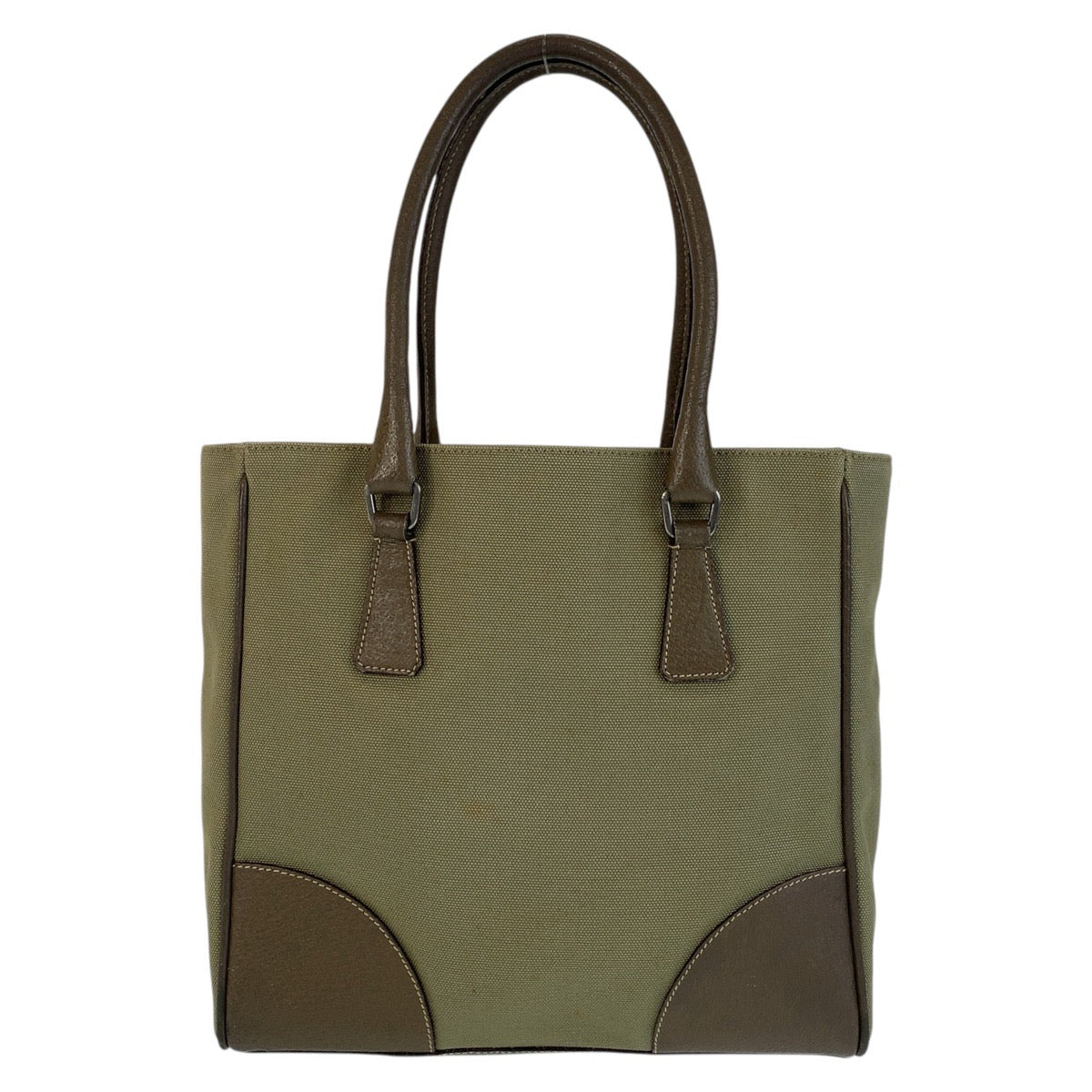 15244
PRADA プラダ 三角ロゴプレート カーキ ブラウン シルバー金具 キャンバス / レザー トートバッグ ショルダーバッグ  レディース