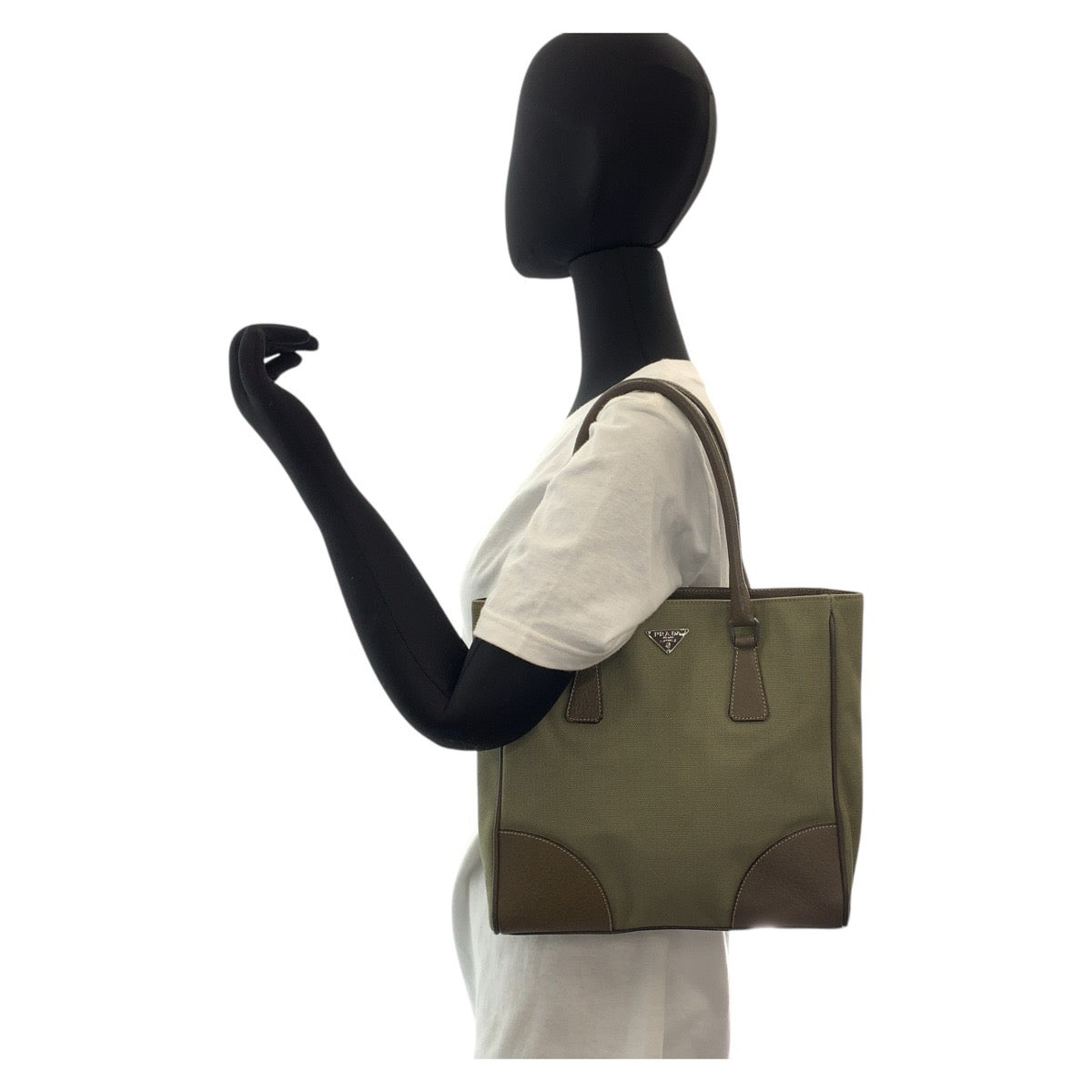 15244
PRADA プラダ 三角ロゴプレート カーキ ブラウン シルバー金具 キャンバス / レザー トートバッグ ショルダーバッグ  レディース