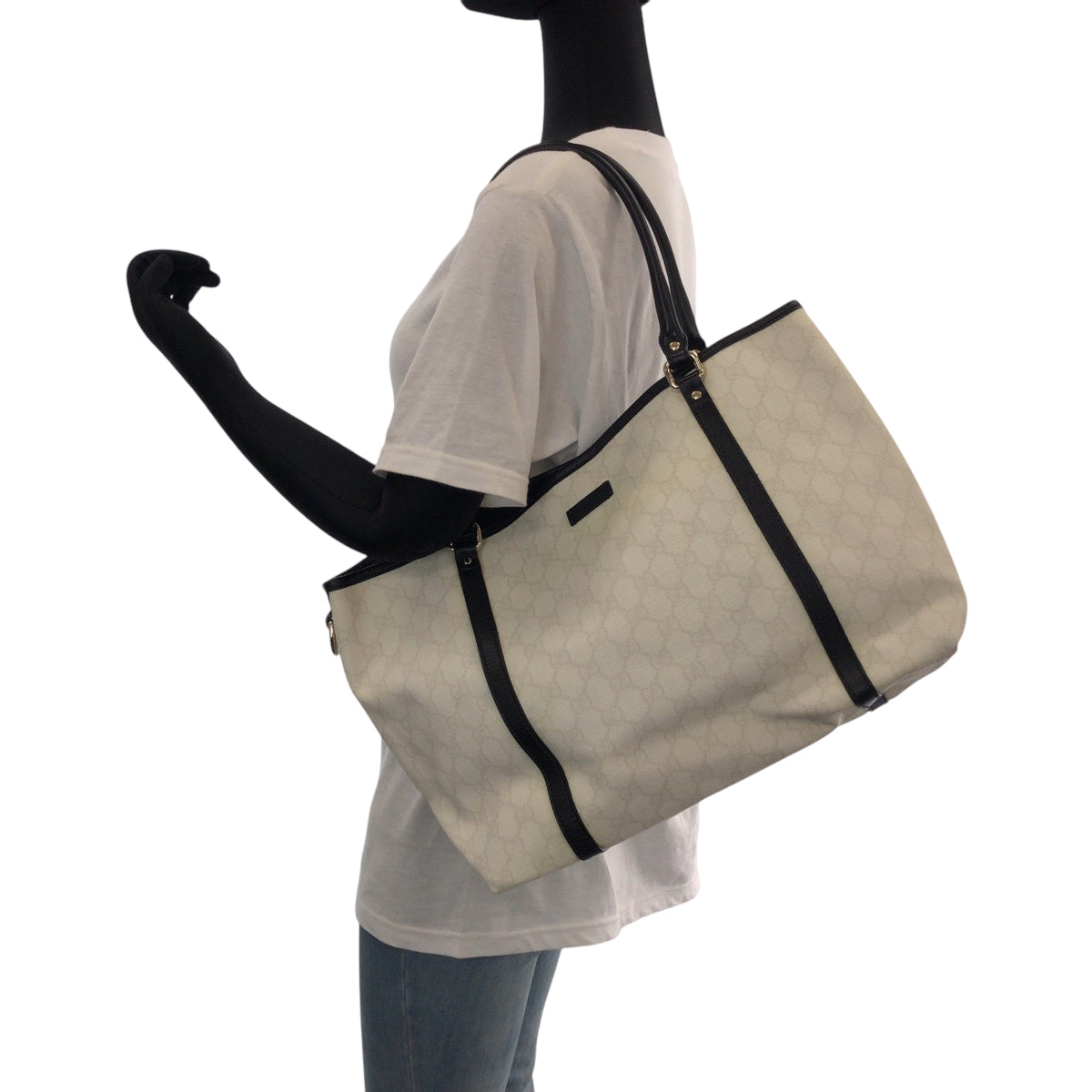 15251
GUCCI グッチ ホワイト ブラック シルバー金具 PVC / レザー 197953 トートバッグ ショルダーバッグ  レディース