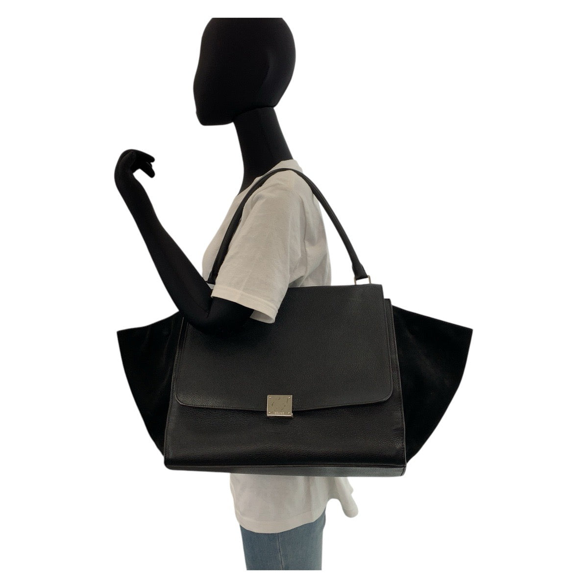 15256
CELINE セリーヌ トラペーズ ブラック 黒 レザー / スウェード ハンドバッグ  レディース
