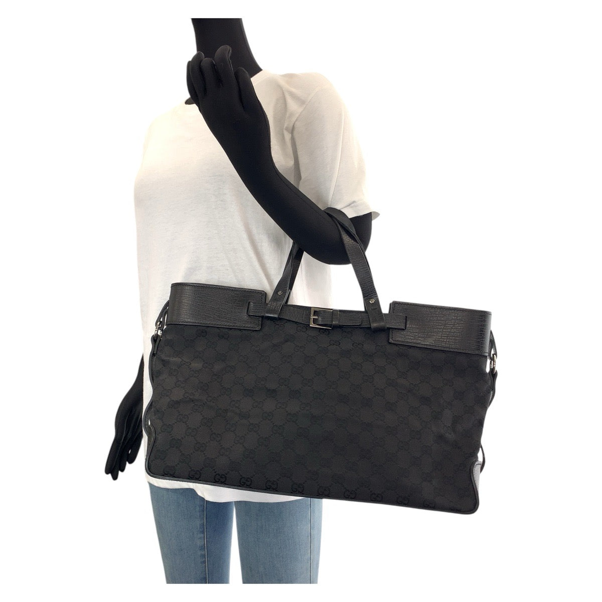 15267
GUCCI グッチ ブラック 黒 シルバー金具 GGキャンバス / レザー 106251 トートバッグ ハンドバッグ  メンズ