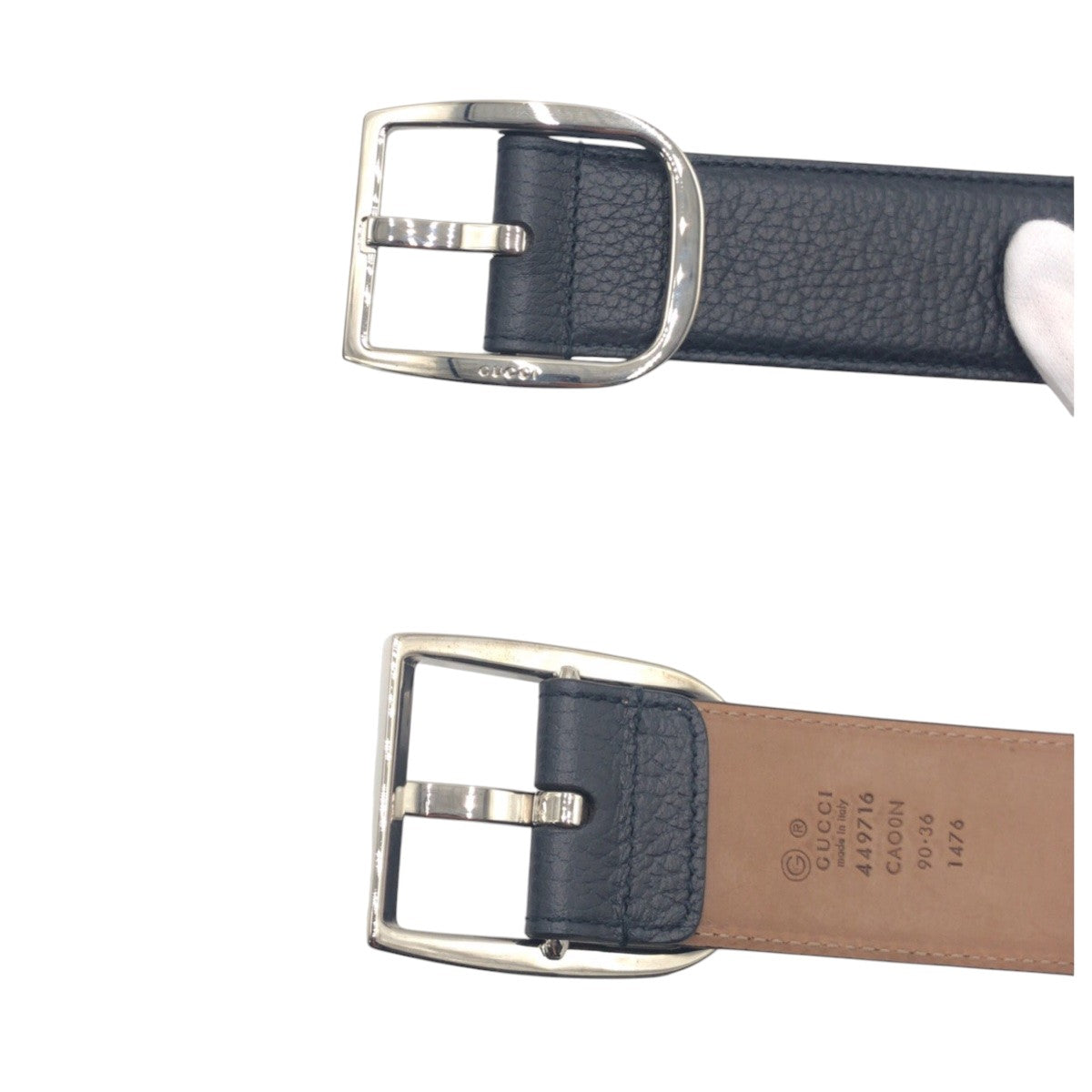 15274
GUCCI グッチ ネイビー シルバー レザー 449716 90 34 ベルト  メンズ