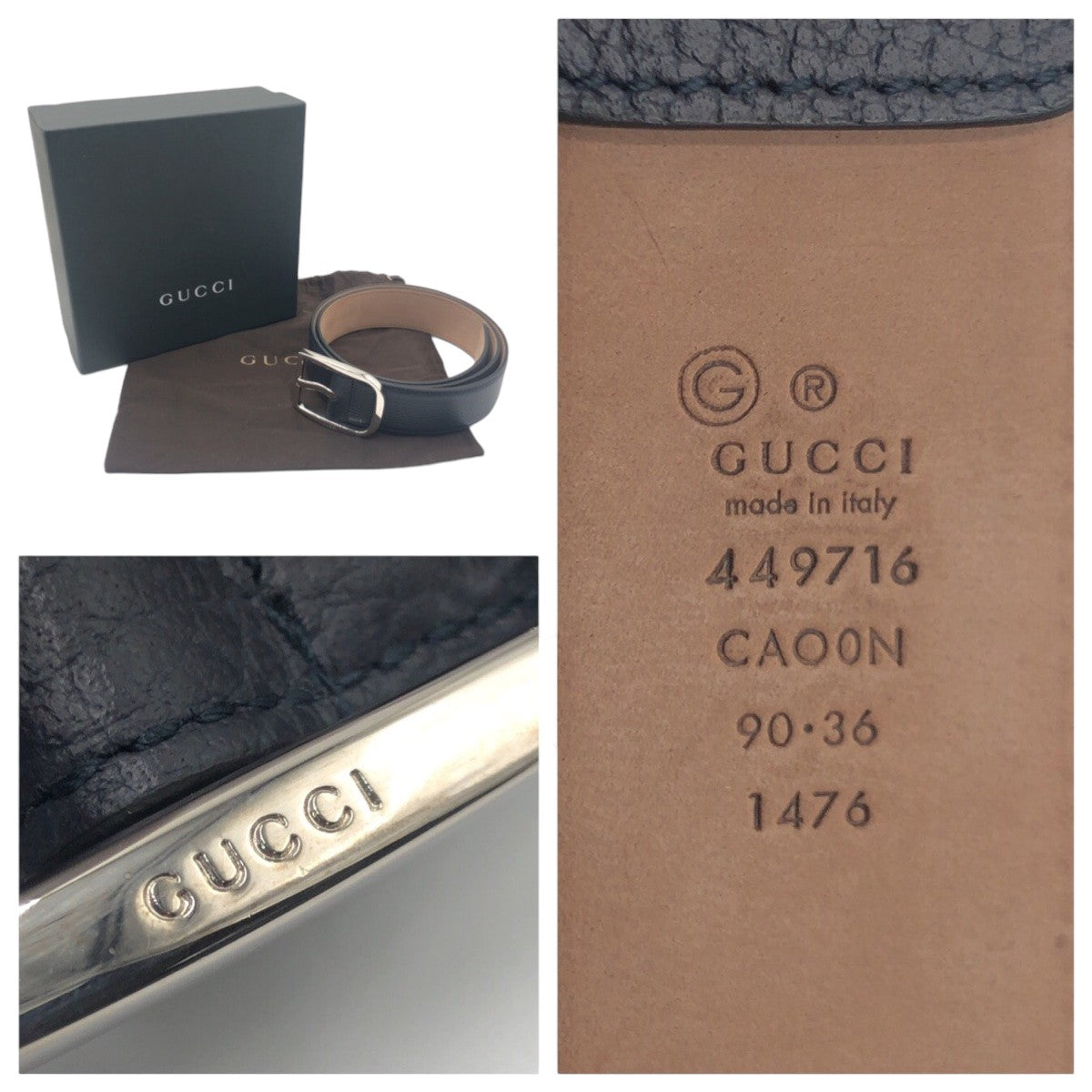 15274
GUCCI グッチ ネイビー シルバー レザー 449716 90 34 ベルト  メンズ