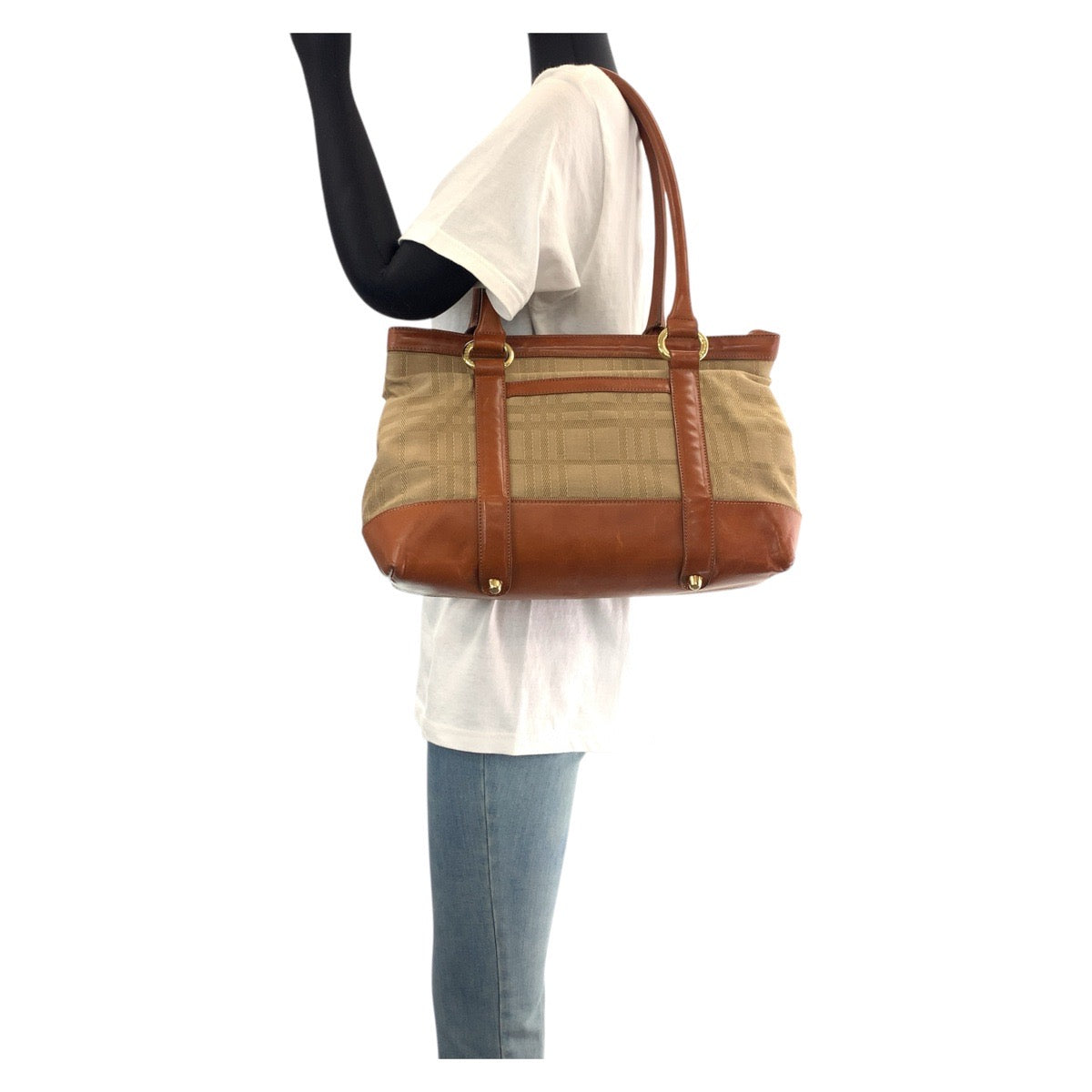 15283
BURBERRY バーバリー チェック柄 ブラウン ゴールド金具 キャンバス / レザー トートバッグ ショルダーバッグ  レディース AB13