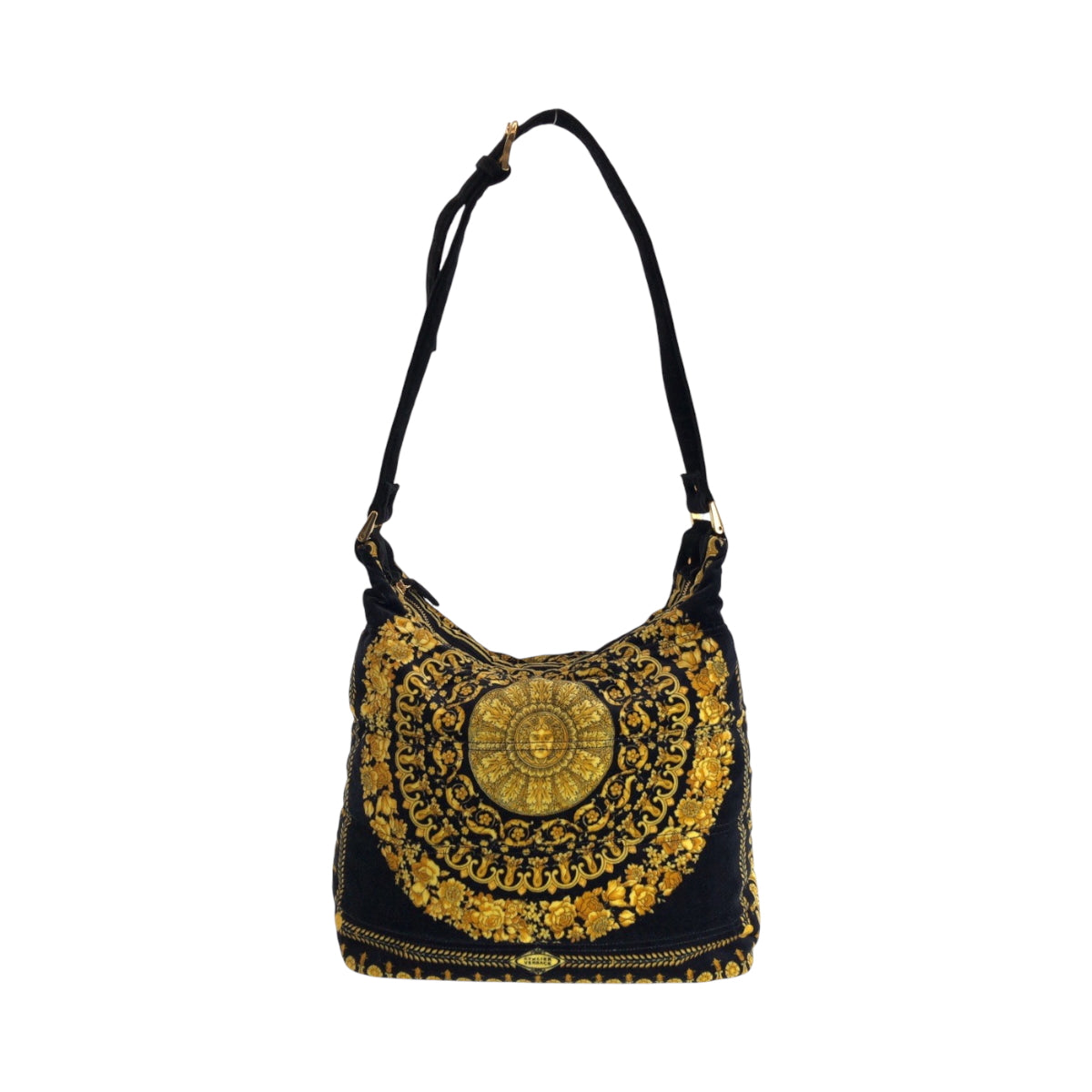 15293
VERSACE ヴェルサーチ ヴィンテージ バロック柄 メデューサ ブラック イエロー ゴールド金具 コットン ホーボー ワンショルダーバッグ 肩掛け  レディース