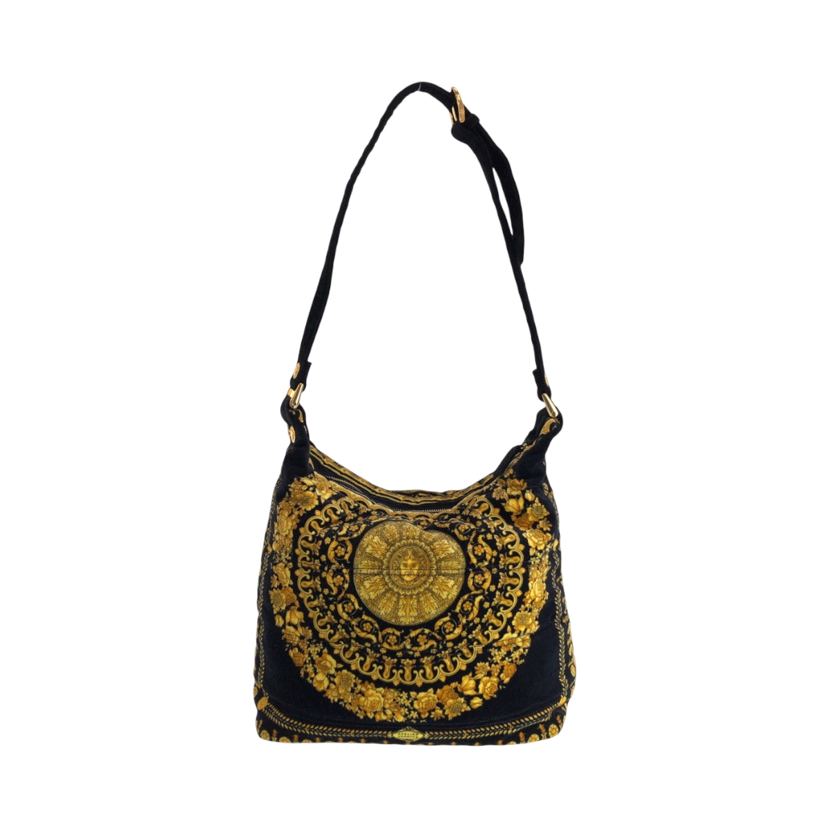 15293
VERSACE ヴェルサーチ ヴィンテージ バロック柄 メデューサ ブラック イエロー ゴールド金具 コットン ホーボー ワンショルダーバッグ 肩掛け  レディース