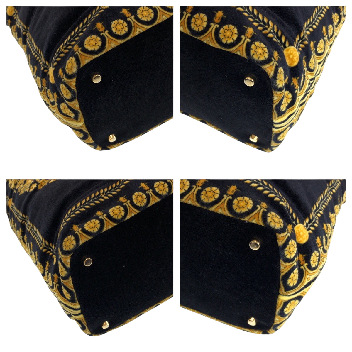 15293
VERSACE ヴェルサーチ ヴィンテージ バロック柄 メデューサ ブラック イエロー ゴールド金具 コットン ホーボー ワンショルダーバッグ 肩掛け  レディース