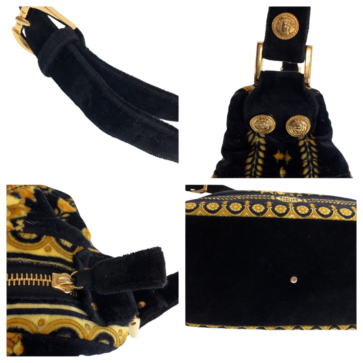 15293
VERSACE ヴェルサーチ ヴィンテージ バロック柄 メデューサ ブラック イエロー ゴールド金具 コットン ホーボー ワンショルダーバッグ 肩掛け  レディース