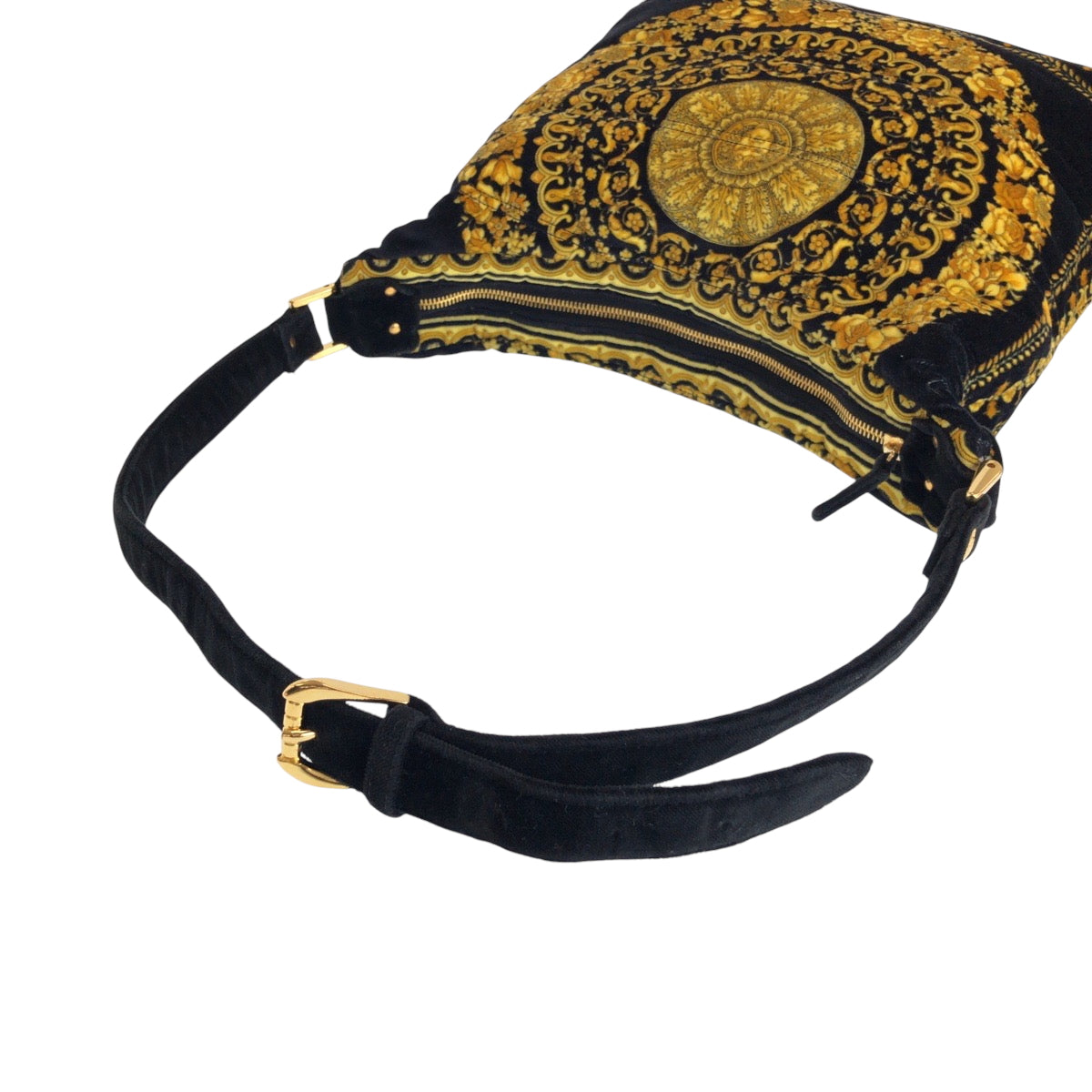 15293
VERSACE ヴェルサーチ ヴィンテージ バロック柄 メデューサ ブラック イエロー ゴールド金具 コットン ホーボー ワンショルダーバッグ 肩掛け  レディース