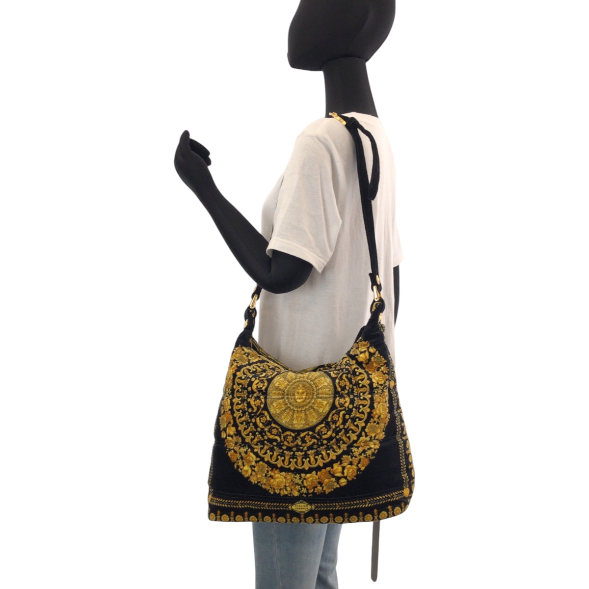 15293
VERSACE ヴェルサーチ ヴィンテージ バロック柄 メデューサ ブラック イエロー ゴールド金具 コットン ホーボー ワンショルダーバッグ 肩掛け  レディース