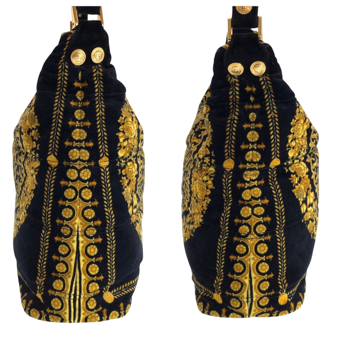15293
VERSACE ヴェルサーチ ヴィンテージ バロック柄 メデューサ ブラック イエロー ゴールド金具 コットン ホーボー ワンショルダーバッグ 肩掛け  レディース