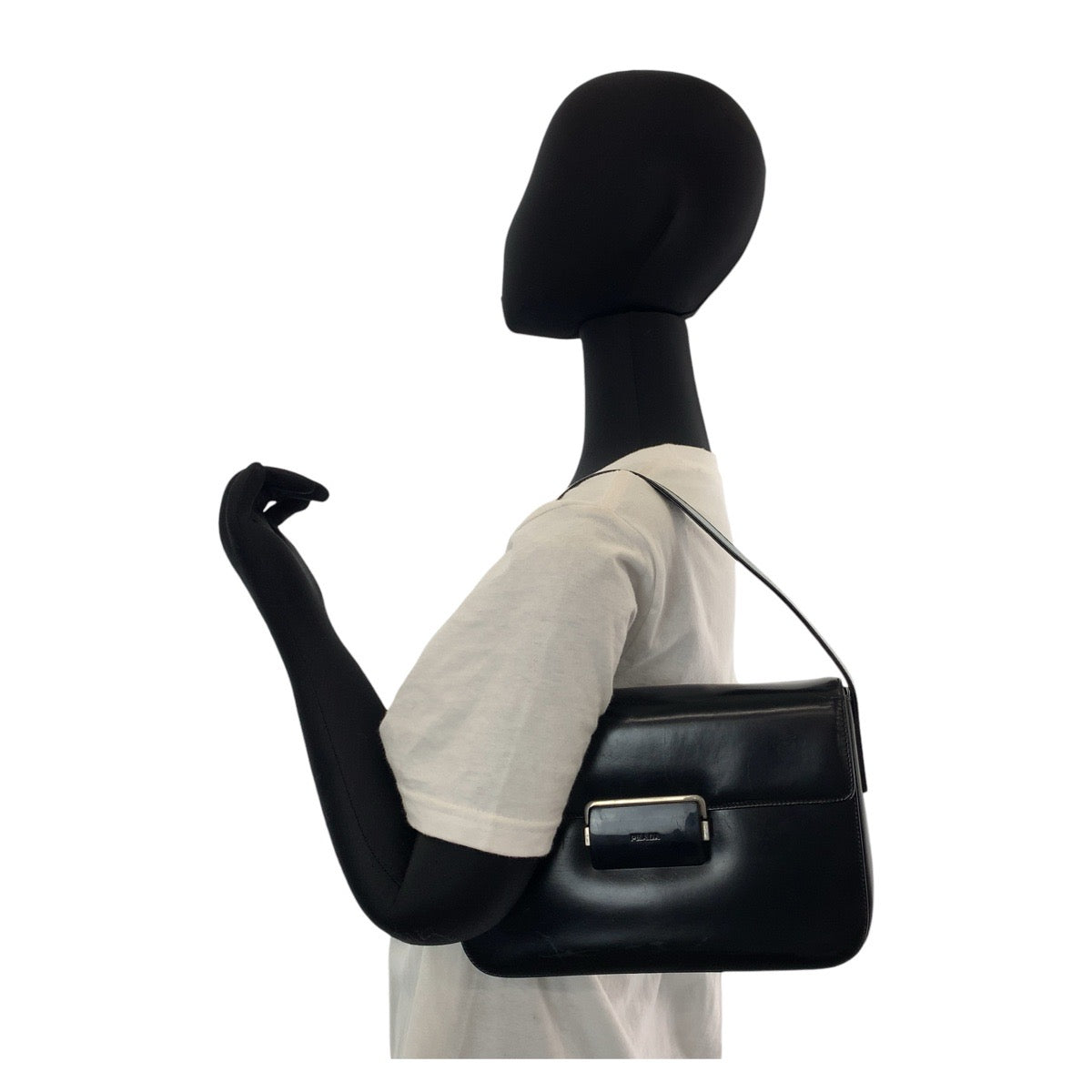 15296
PRADA プラダ ブラック シルバー金具 レザー ショルダーバッグ ハンドバッグ  レディース