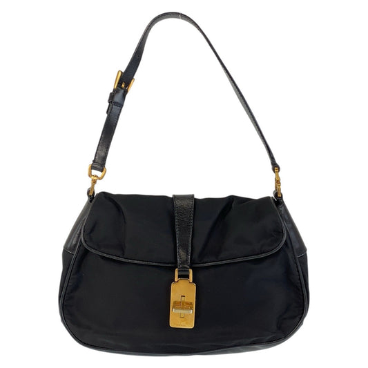 15299
PRADA プラダ テスート 三角ロゴプレート ブラック 黒 ゴールド金具 ナイロン ショルダーバッグ  レディース