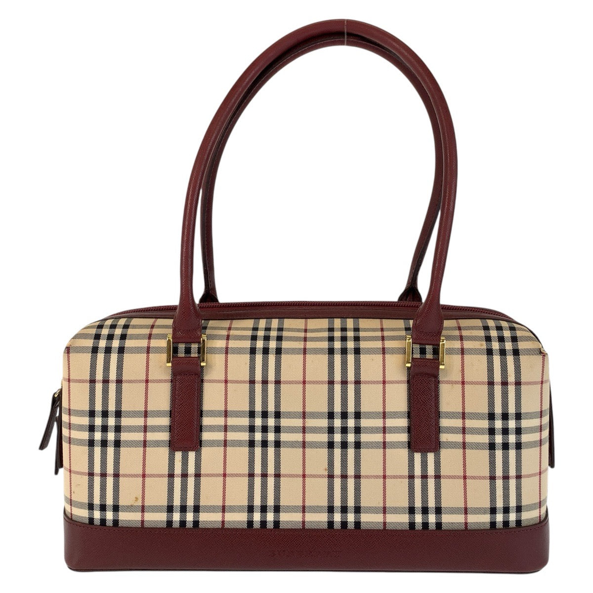 15305
BURBERRY バーバリー チェック柄 ベージュ ボルドー ゴールド金具 キャンバス / レザー ショルダーバッグ  レディース