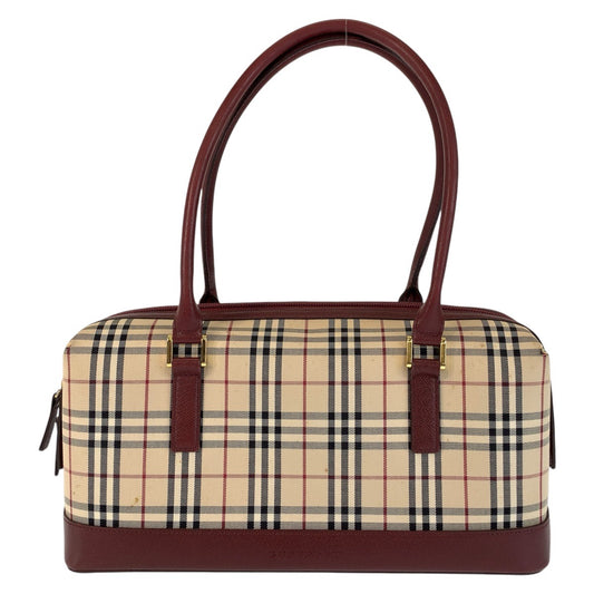 15305
BURBERRY バーバリー チェック柄 ベージュ ボルドー ゴールド金具 キャンバス / レザー ショルダーバッグ  レディース