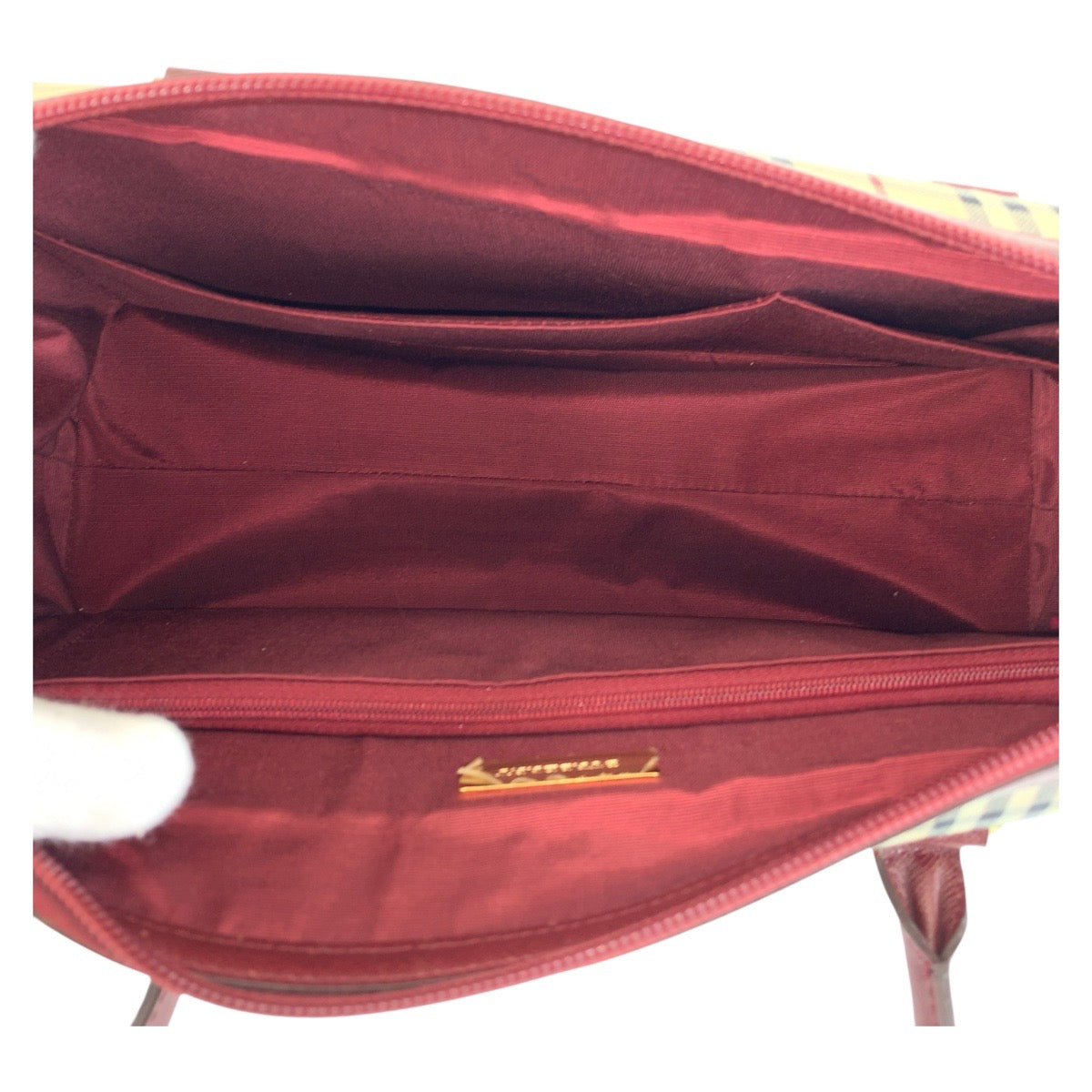 15305
BURBERRY バーバリー チェック柄 ベージュ ボルドー ゴールド金具 キャンバス / レザー ショルダーバッグ  レディース