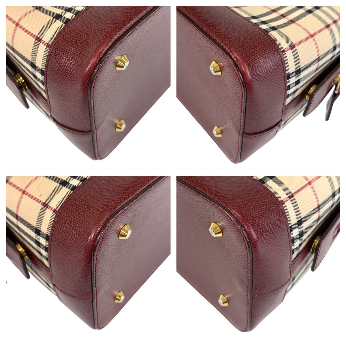 15305
BURBERRY バーバリー チェック柄 ベージュ ボルドー ゴールド金具 キャンバス / レザー ショルダーバッグ  レディース