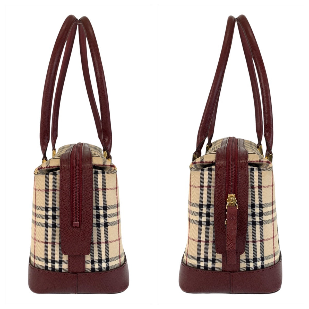 15305
BURBERRY バーバリー チェック柄 ベージュ ボルドー ゴールド金具 キャンバス / レザー ショルダーバッグ  レディース